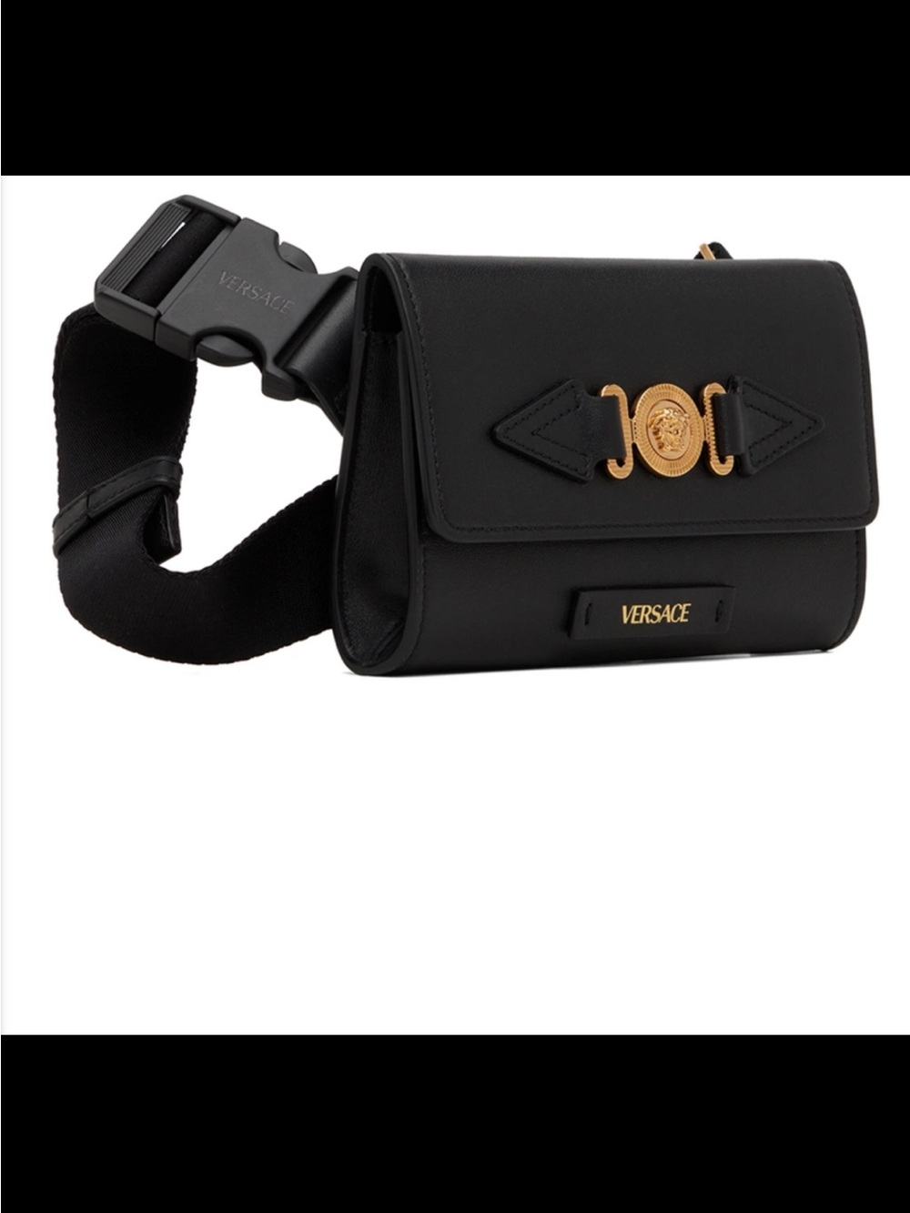 Versace Black Leather Belt Bag with Gold Medusa Accent